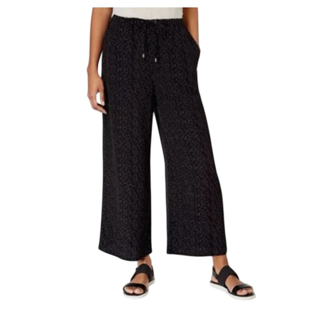 Eileen Fisher Wide Leg Pants With Drawstring & Pockets Black Morse Code Print, S